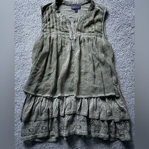 ARTESIA Olive Green Stonewashed Sleeveless Laced‎ Ruffle Pleated V-Neck Tunic M